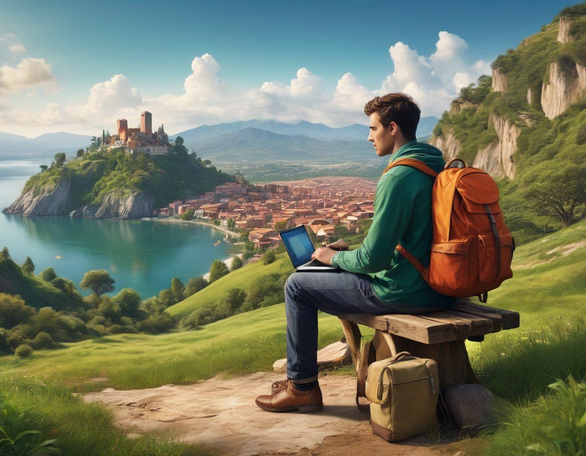 A tranquil scene of a traveler contemplating their next adventure, surrounded by travel gear, a map, and a laptop displaying property insurance options. In the background, a serene landscape showcases a mix of urban and natural environments, symbolizing affordable travel destinations. Include visual elements like dollar signs and shield icons subtly integrated into the scenery, representing savings and protection. Paint with warm, inviting colors to evoke a sense of security and wanderlust. super-realistic. vibrant colors. 3D.