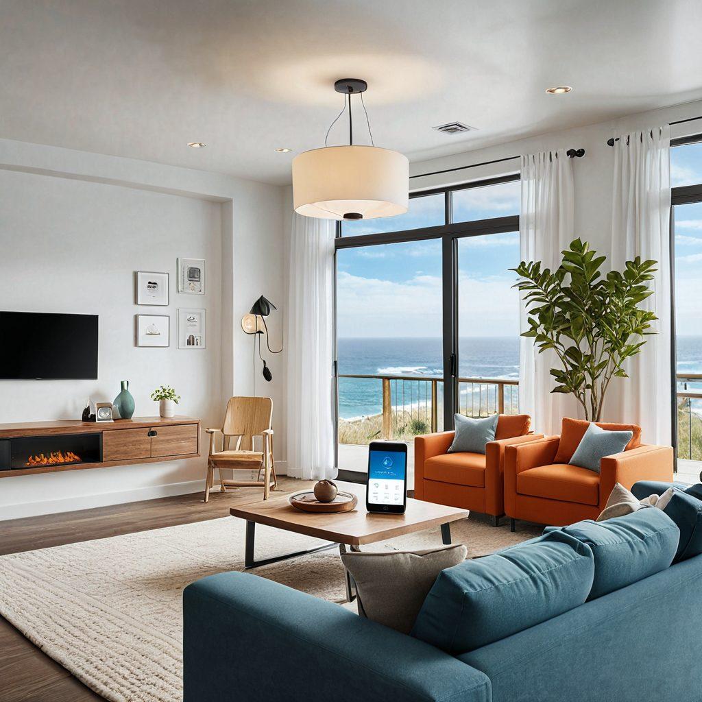 A serene living room scene showcasing a modern digital device displaying a user-friendly accommodation insurance platform, surrounded by elements like house icons and checklists symbolizing simplicity. Soft ambient lighting emphasizes a cozy atmosphere, with a login screen on the device and various insurance documents floating in the air, reflecting ease and innovation. Minimalistic design. super-realistic. vibrant colors.