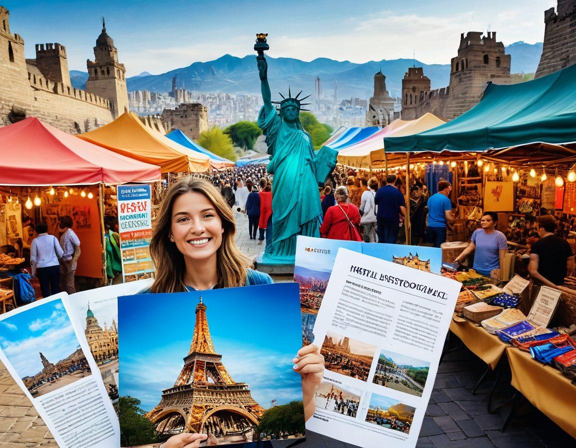 A traveler joyfully exploring a vibrant marketplace filled with diverse travel essentials, showcasing affordable insurance brochures prominently. In the background, iconic landmarks hinting at various travel destinations. The scene captures a sense of adventure and security. Create a warm, inviting atmosphere with bright colors. super-realistic. vibrant colors. white background.
